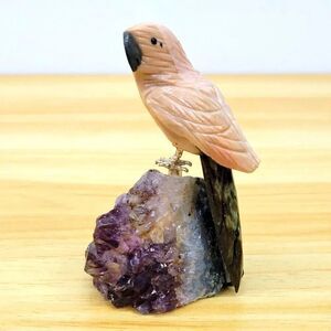 Hand-Carved Rhodonite Parrot on Amethyst – Argentina Crystal Carving